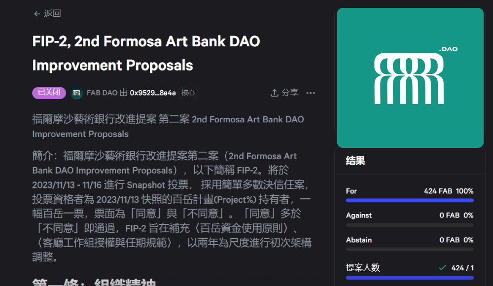 FAB DAO通過 FIP-2 議案，啟動去中心化自治的新里程碑